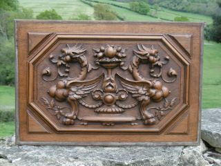 19thc Gothic Mahogany Panel With Carved Breasted Gargoyles & Central Urn