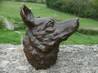 19thc Oak Wood Carved Head Of A Dog