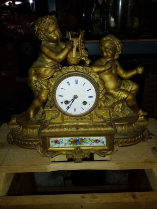 Antique French Cast Iron Statue Clock 8 Day Time & Chime