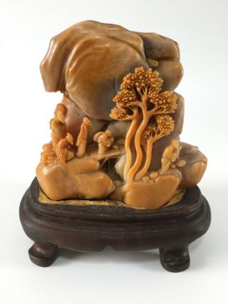 Rare Natural Chinese Yellow Shoushan Stone Carving Of Figures And Pine Trees