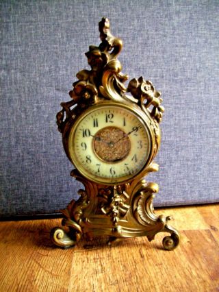 Antique 19th Century Rococo Cast Spelter Mantel Clock (winding Mechanism & Keys)