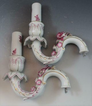 Pr German Porcelain Von Schierholz 2 Arm Wall Sconces Pink Floral Gilt Accents 10