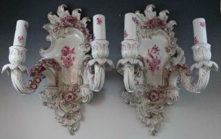 Pr German Porcelain Von Schierholz 2 Arm Wall Sconces Pink Floral Gilt Accents