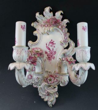 Pr German Porcelain Von Schierholz 2 Arm Wall Sconces Pink Floral Gilt Accents 2