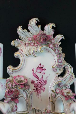 Pr German Porcelain Von Schierholz 2 Arm Wall Sconces Pink Floral Gilt Accents 3