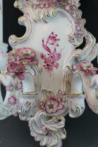 Pr German Porcelain Von Schierholz 2 Arm Wall Sconces Pink Floral Gilt Accents 4