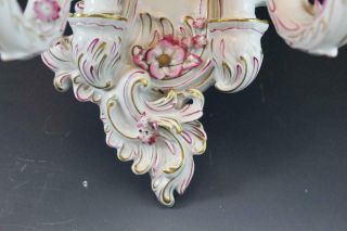 Pr German Porcelain Von Schierholz 2 Arm Wall Sconces Pink Floral Gilt Accents 5