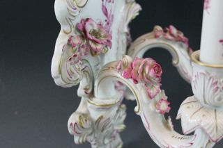 Pr German Porcelain Von Schierholz 2 Arm Wall Sconces Pink Floral Gilt Accents 6