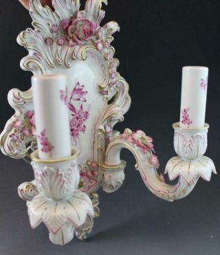 Pr German Porcelain Von Schierholz 2 Arm Wall Sconces Pink Floral Gilt Accents 7