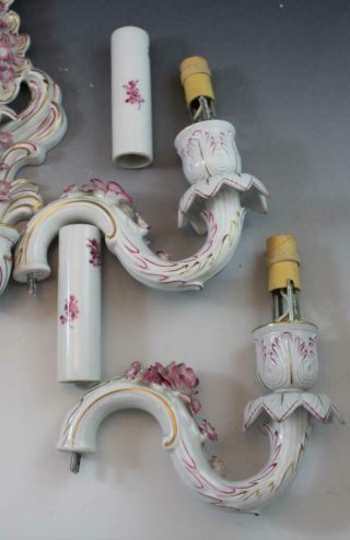 Pr German Porcelain Von Schierholz 2 Arm Wall Sconces Pink Floral Gilt Accents 9