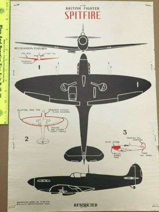 Rare 1942 Ww2 U.  S.  A.  A.  F British Spitfire Recognition Identification Poster 20x14