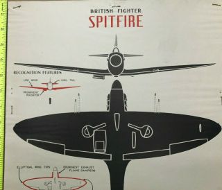 Rare 1942 WW2 U.  S.  A.  A.  F British Spitfire Recognition Identification Poster 20x14 3