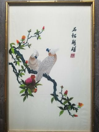 Vintage Chinese Framed Silk Embroidery Tapestry Parrots Birds Pomegranate Seal