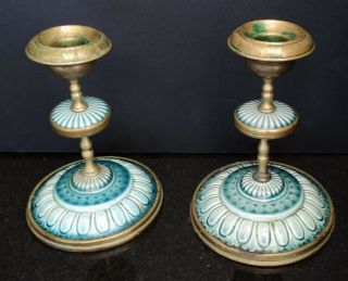 Wonderful Pair Green Porcelain / Ceramic & Brass Antique Candlesticks Holders
