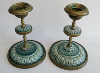 Wonderful pair green porcelain / ceramic & brass antique candlesticks holders 2