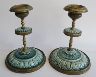 Wonderful pair green porcelain / ceramic & brass antique candlesticks holders 3