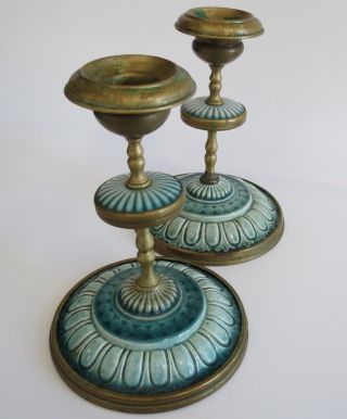 Wonderful pair green porcelain / ceramic & brass antique candlesticks holders 4