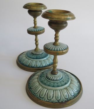 Wonderful pair green porcelain / ceramic & brass antique candlesticks holders 5