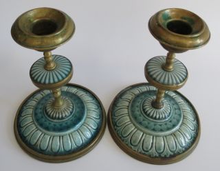 Wonderful pair green porcelain / ceramic & brass antique candlesticks holders 6