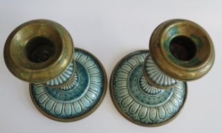Wonderful pair green porcelain / ceramic & brass antique candlesticks holders 8