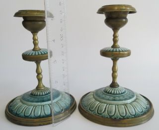 Wonderful pair green porcelain / ceramic & brass antique candlesticks holders 9