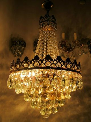 Antique Vnt French BIG Basket Crystal Chandelier Lamp Lustre 1940 ' s 16in Ø dmtr 12