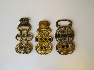 3 Antique Chinese Qing Dynasty Bronze Belt Hooks Or Buckles,  Varying Symbols