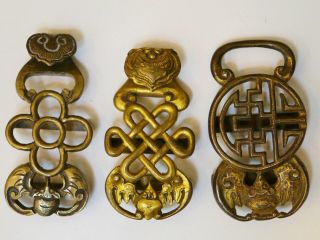3 ANTIQUE CHINESE QING DYNASTY BRONZE BELT HOOKS OR BUCKLES,  VARYING SYMBOLS 2