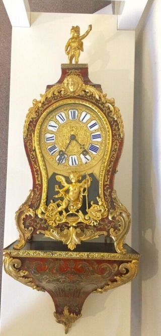 Large Antique Red Shell Boulle Clock On Wall Bracket By Samuel Marti.  C1850