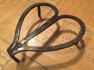 18th Century Hand Forged Iron Heart Shaped Trivet W Peened Through Tall Legs