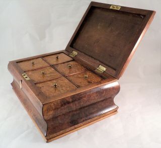 Antique Bombé Burled Wood Tea Caddy Casket Box 6 Lids Small Chest Complete