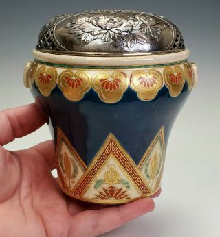 ANTIQUE 19TH C.  JAPANESE SATSUMA POTTERY GOSU BLUE KORO CENSER W/ SILVER COVER 5