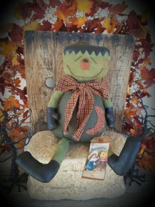 Primitive Folkart Halloween Frankenstein Art Doll Soft Sculpture Sitter " Frankie "