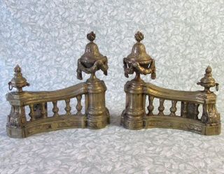 Antique French Pair Bronze Fireplace Chenets 19th Century Louis Xvi Style