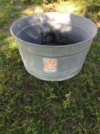 Vintage Galvanized 2 Handle Round Wash Tub Primitive Iron Horse Rochester Ny