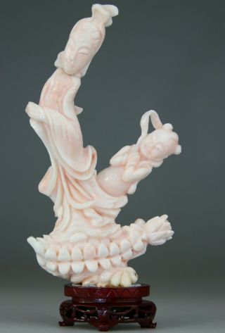 Antique Chinese Angel Skin Coral Statue Figure Kwanyin Carved Stand No Red 19th