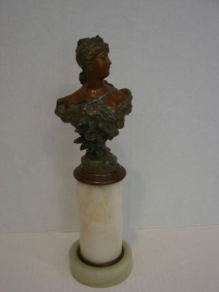 Art Nouveau Bronze Patina Lady Bust Statue On Marble Base,  Signed
