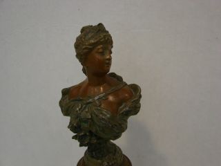 Art Nouveau Bronze Patina Lady Bust Statue on Marble Base,  Signed 3