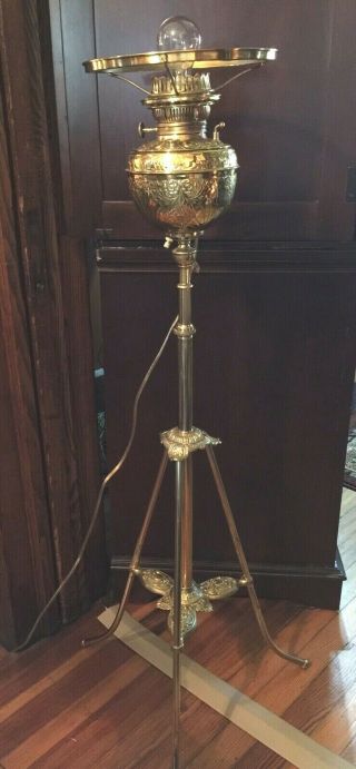 Antique Victorian Electrified Embossed Piano Floor Kerosene Oil Lamp
