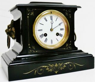 Antique French 8 Day Black Slate Marble Striking Mantel Clock Classical Engraved