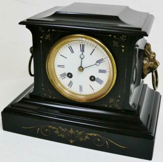 Antique French 8 Day Black Slate Marble Striking Mantel Clock Classical Engraved 2