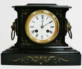 Antique French 8 Day Black Slate Marble Striking Mantel Clock Classical Engraved 3