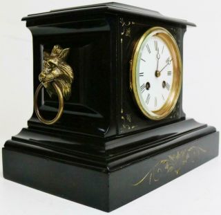 Antique French 8 Day Black Slate Marble Striking Mantel Clock Classical Engraved 4