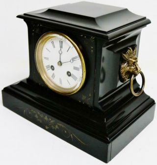 Antique French 8 Day Black Slate Marble Striking Mantel Clock Classical Engraved 6