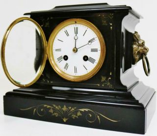 Antique French 8 Day Black Slate Marble Striking Mantel Clock Classical Engraved 7