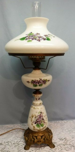 Antique 3 Tier Parlor Lamp White With Hand Painted Purple Violet Flowers Gwtw