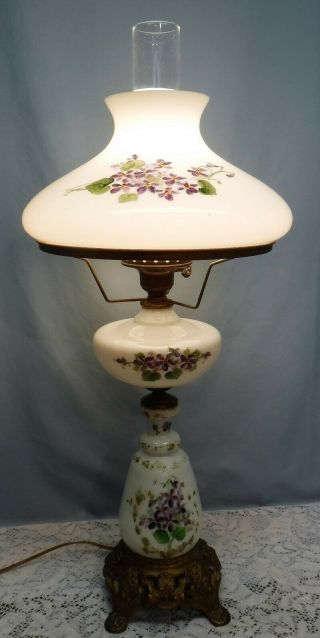 Antique 3 Tier Parlor Lamp White with Hand Painted Purple Violet Flowers GWTW 2