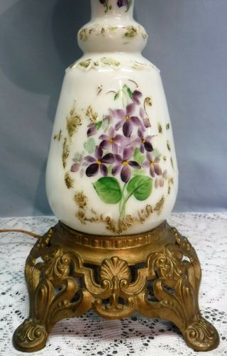 Antique 3 Tier Parlor Lamp White with Hand Painted Purple Violet Flowers GWTW 3