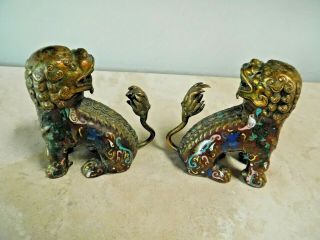 Vtg.  1940 ' s CHINESE BRONZE CLOISONNE ENAMEL GILT FOO DOG / LIONS 5 