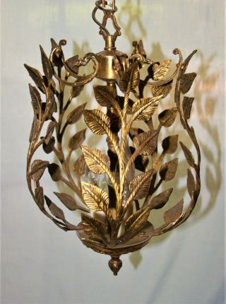 Vintage Spain Brass Pendant Chandelier Ceiling Light Leaf Vine 3 Light